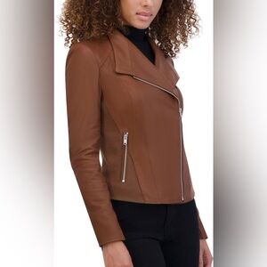 Andrew Marc Felix Leather Moto Jacket with Knit Panels - Color Whiskey